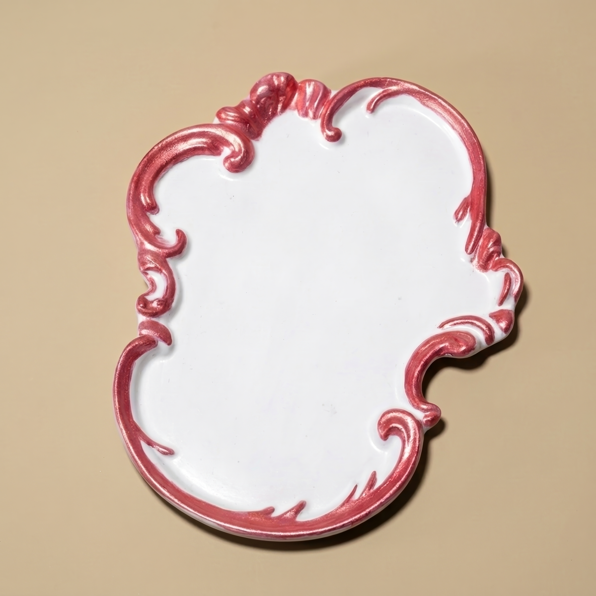 Handmade Baroque coaster by Glowbaltic, white mineral resin with pink trim
