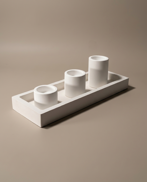 Trio handmade set of three matte white cylinder candle holders on a rectangular tray by GlowBaltic