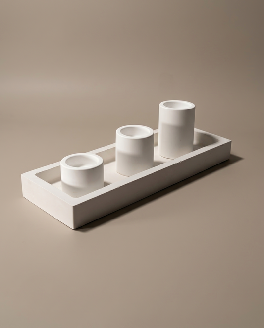 Trio handmade set of three matte white cylinder candle holders on a rectangular tray by GlowBaltic