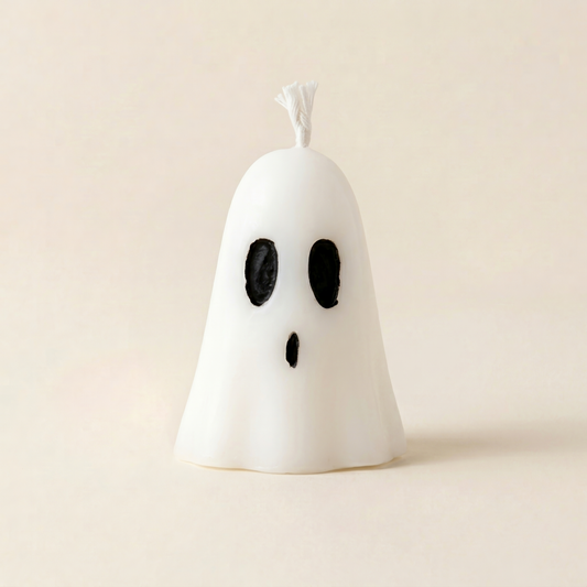 Boo handmade mini ghost candle, smooth white wax with black mouth and eyes by Glowbaltic