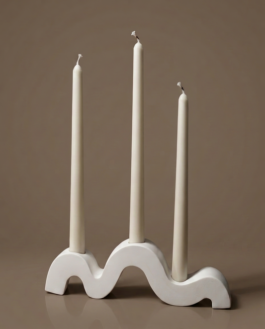 Cascade handmade wavy matte white candle holder with three ivory taper candles by GlowBaltic