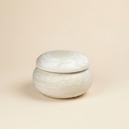 Dome lidded tealight holder in marble beige color, handmade mineral resin by Glowbaltic