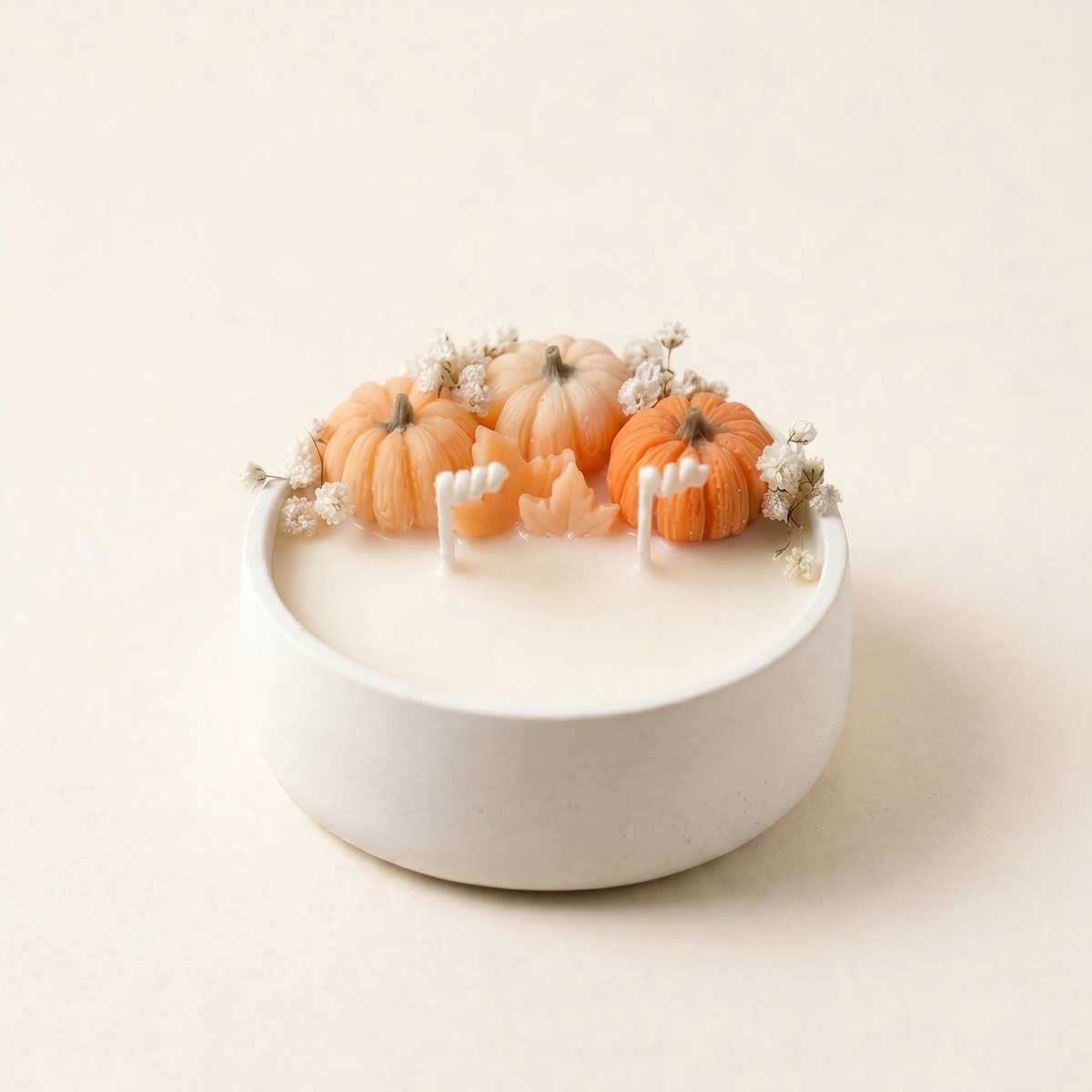Golden Hour handmade autumn pumpkin candle in a matte white bowl from mineral resin by GlowBaltic