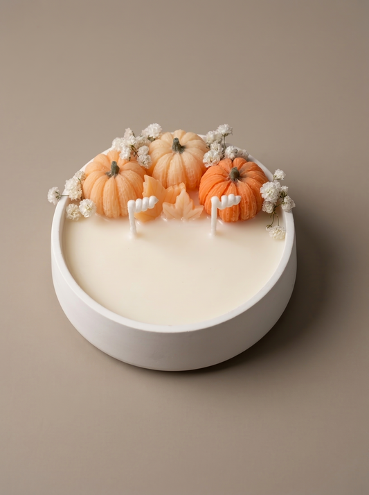Golden Hour handmade autumn pumpkin candle in a matte white bowl by GlowBaltic