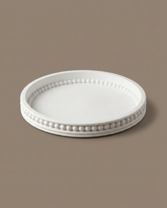 Halo handmade round matte white coaster with beaded rim by GlowBaltic