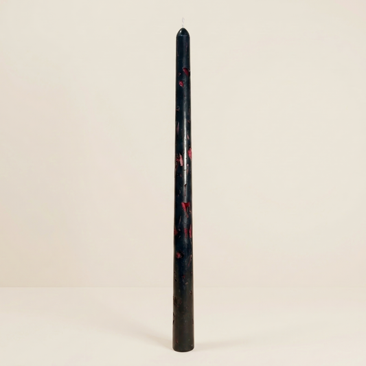 Handmade halloween theme Sanguine taper candle by Glowbaltic, black wax with red fleck pattern