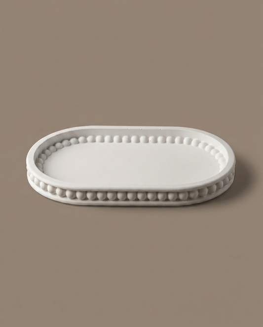 Verinys handmade oval matte white tray with beaded edge by GlowBaltic